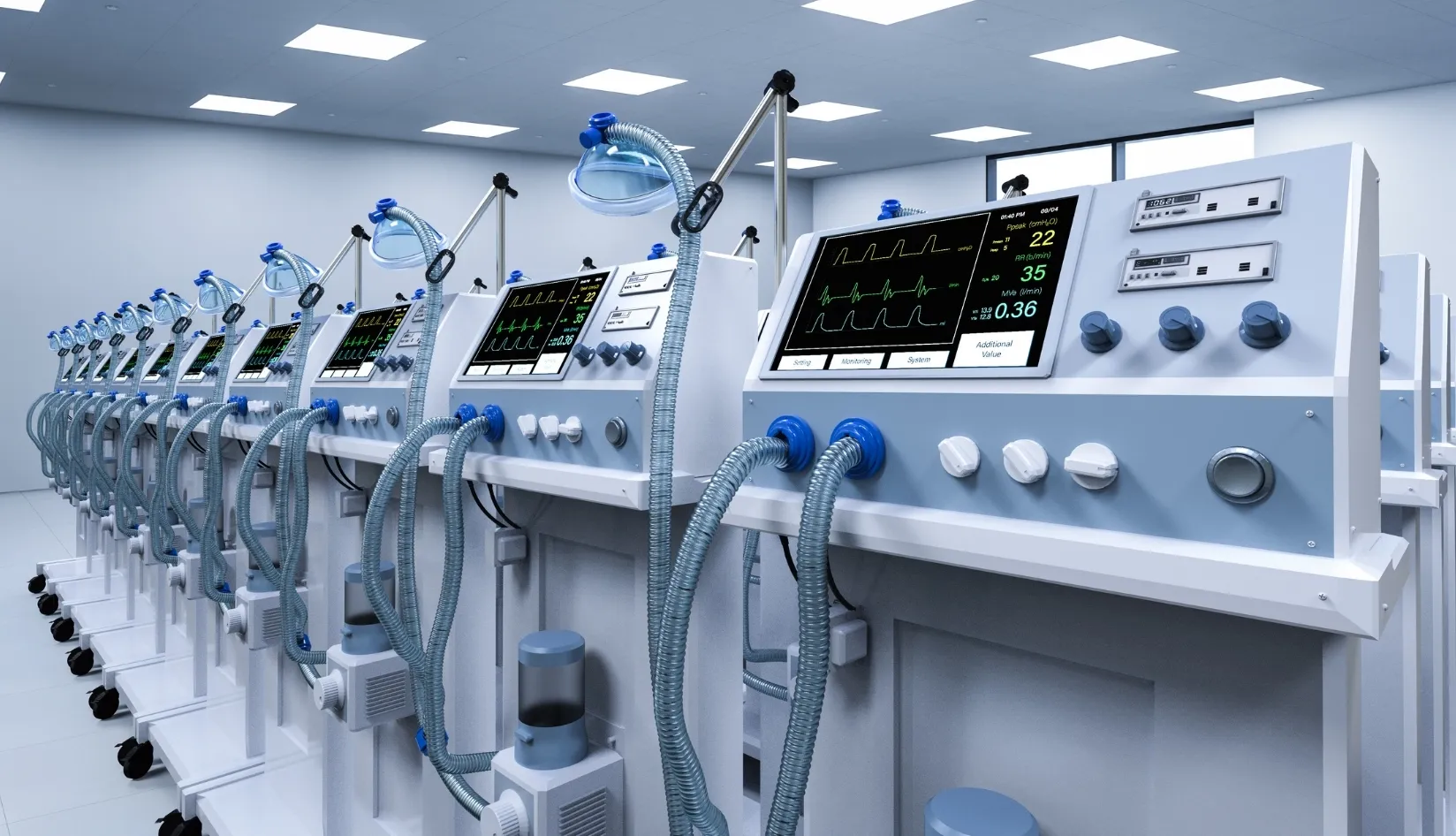 Medical Ventilator Setup in Hospital Ward Row of medical ventilators with monitors and hoses in a clean hospital room