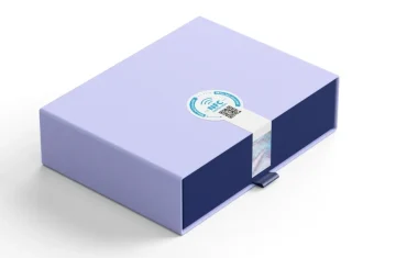 NFC Enabled Smart Packaging Light purple gift box with an NFC seal label and QR code wrapped in a white band