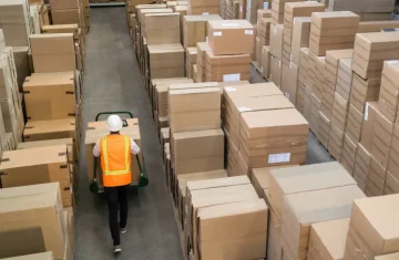 RFID Packaging News 5 Trends Brands Should Watch Warehouse worker moving cartons through storage aisles for RFID WMS inventory tracking and warehouse operations.