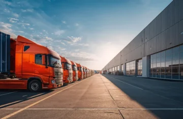 Red trucks parked outside a logistics warehouse for RFID Tags for Vehicle Tracking, fleet visibility, and yard management.