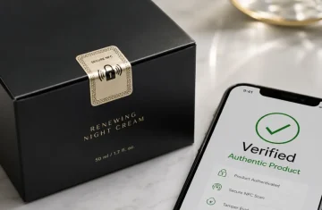 Secure NFC Labels for Brand Protection: Buyer Guide Cosmetic box with a secure NFC label and smartphone verification result, showing authentic product confirmation, anti counterfeit protection, tamper evidence, and trusted skincare packaging.