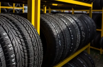 Rows of vehicle tires on storage racks, showing industrial RFID tags for tire inventory tracking and warehouse management.