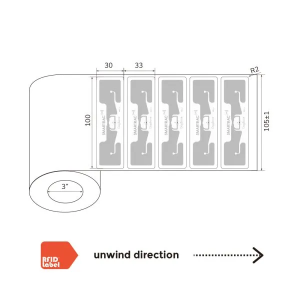 Production layout drawing of RFID Marathon Race Label with Monza R6 P chip and Dogbone antenna structure