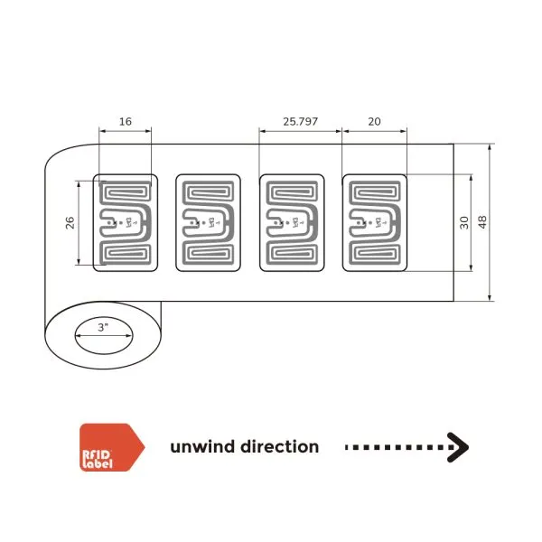 RFID Wet Inlay Impinj Monza 4QT size and structure details