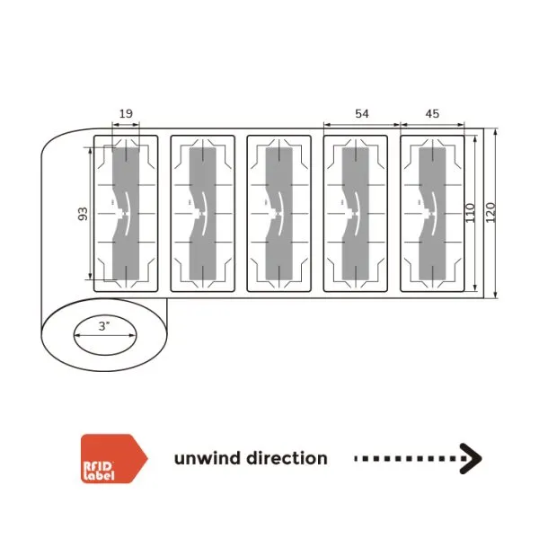 Close-up of a UHF RFID PET label dimension and structure diagram designed for asset tracking and IoT deployment